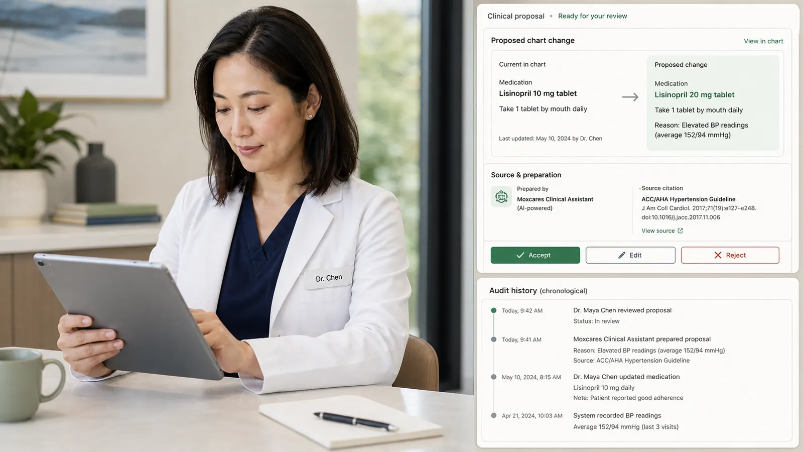 Audit trail showing every chart change with source attribution and clinician approval