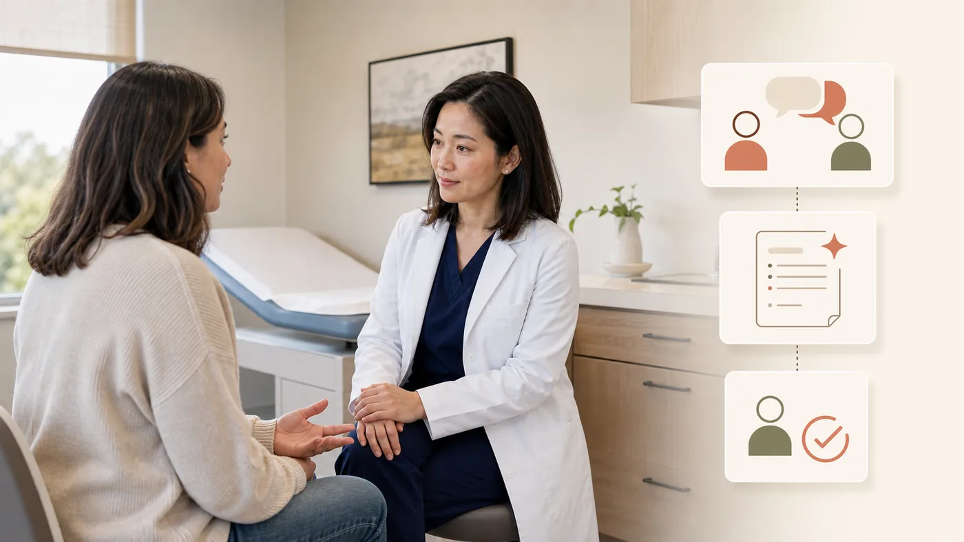 Clinician and patient in an exam room while Moxcares prepares a structured, reviewable note from the conversation
