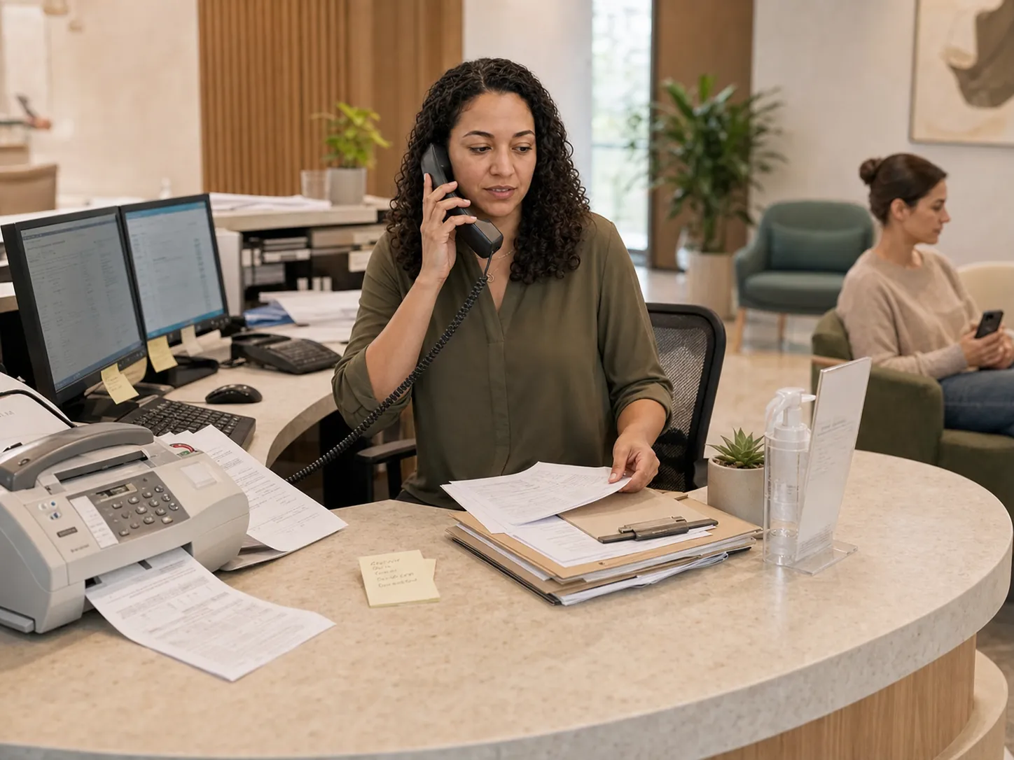 A patient on hold while a front-desk staffer manually copies appointment details between disconnected screens and paper forms