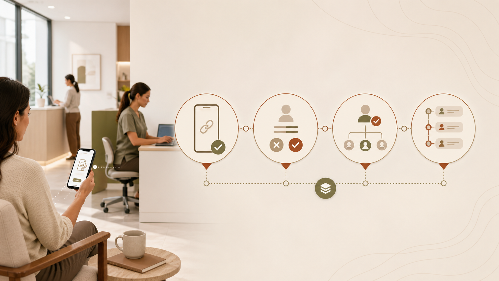 Secure clinic workflow: verified patient link, identity checks, role-based access, and a chained audit record