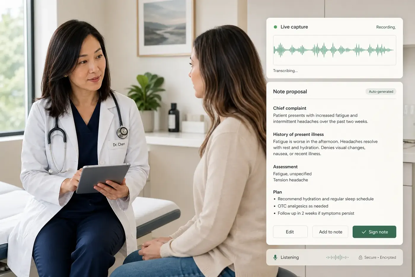 Ambient scribing prepares a structured note proposal from the provider-patient conversation
