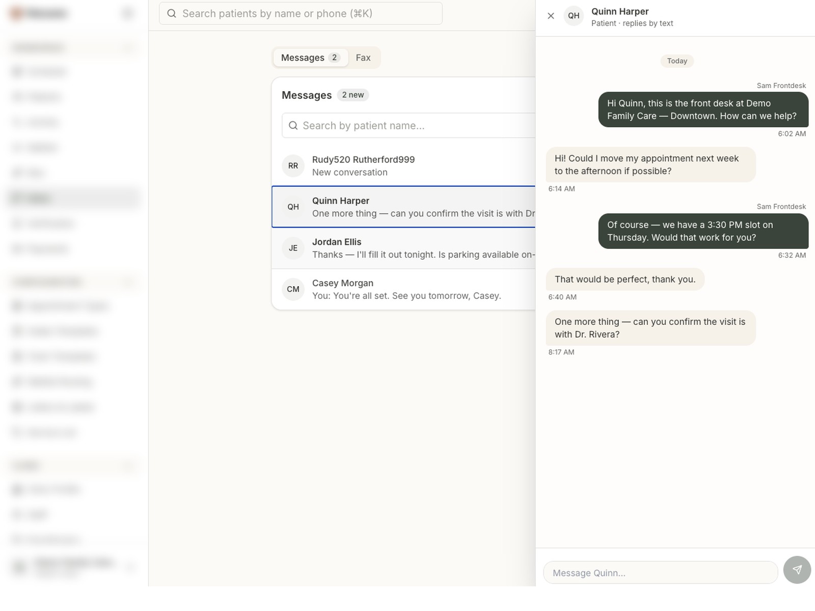 Moxcares inbox showing a patient SMS conversation thread with staff replies