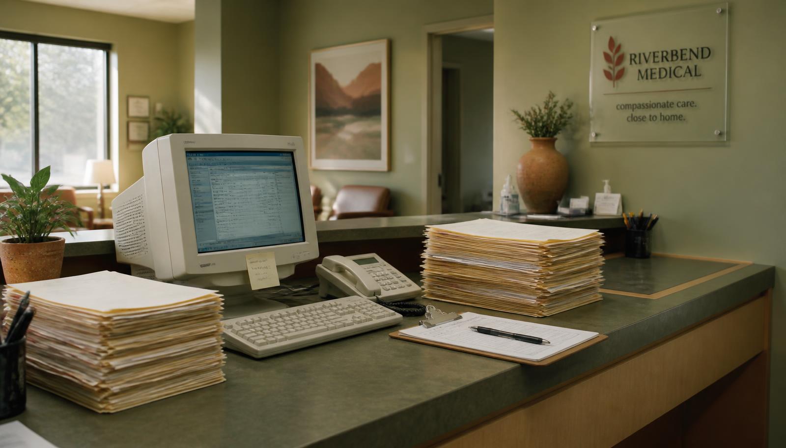 A clinic reception desk with a bulky 2010-era computer monitor, stacks of paper patient files, and a telephone in soft natural light