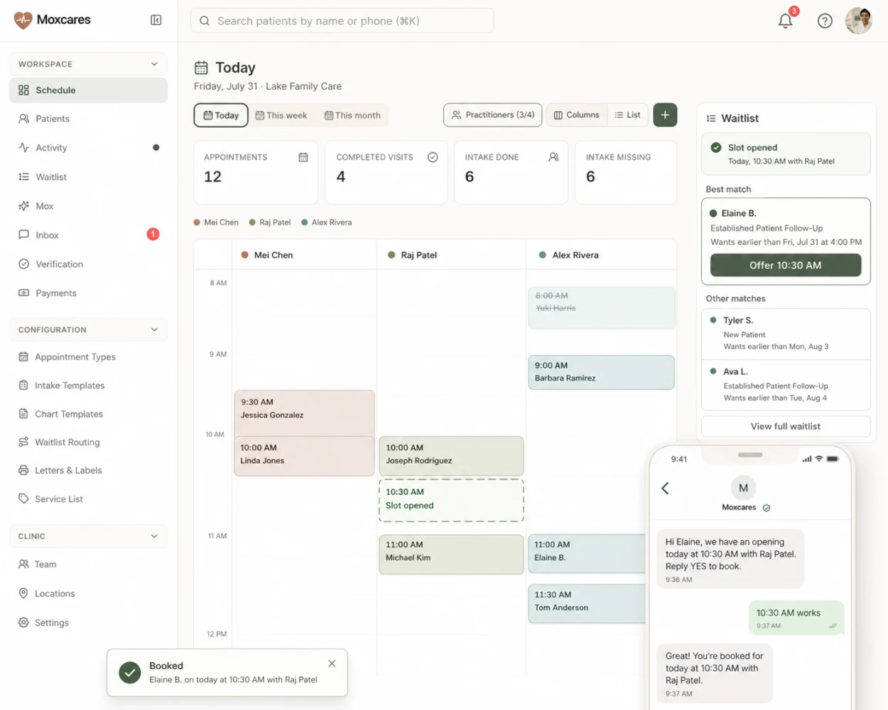 Moxcares waitlist auto-fill: an opened slot matched to the best waitlisted patient and confirmed by text