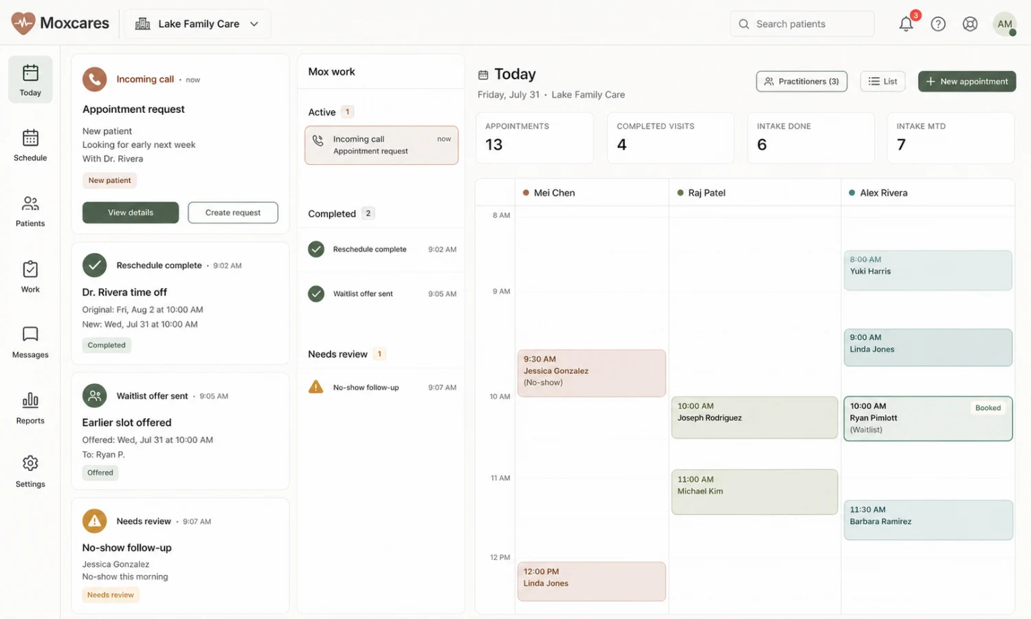 Moxcares front office workspace showing incoming call, Mox work queue, and the day's schedule across three practitioners