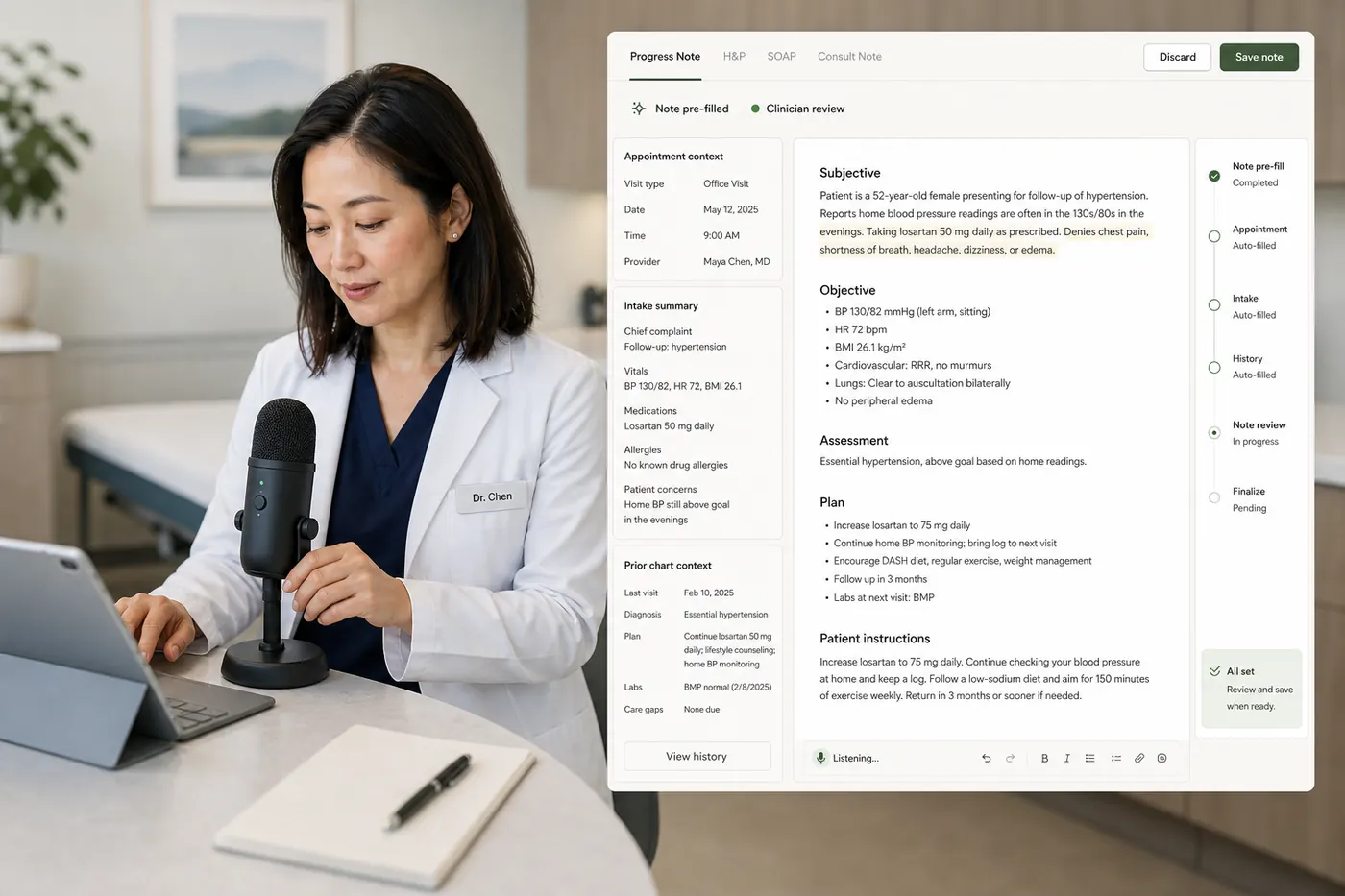 Dictation and intelligent note pre-fill inside the EHR chart