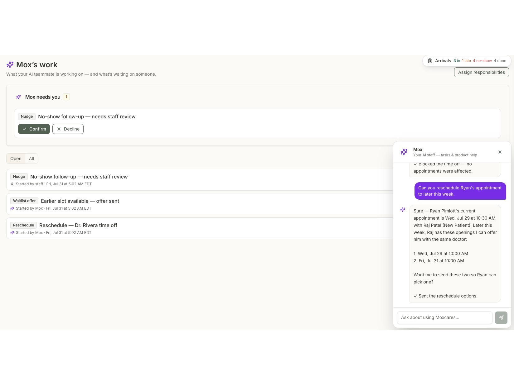 Mox's work queue showing proposed reschedules, waitlist offers, and no-show follow-ups awaiting a one-click accept, edit, or reject