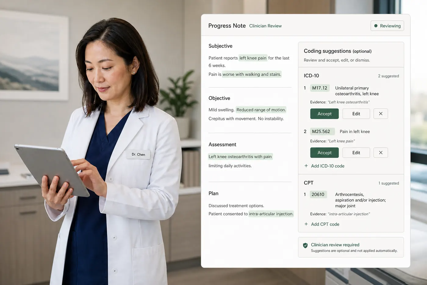 ICD-10 and CPT code prompts surfaced during charting
