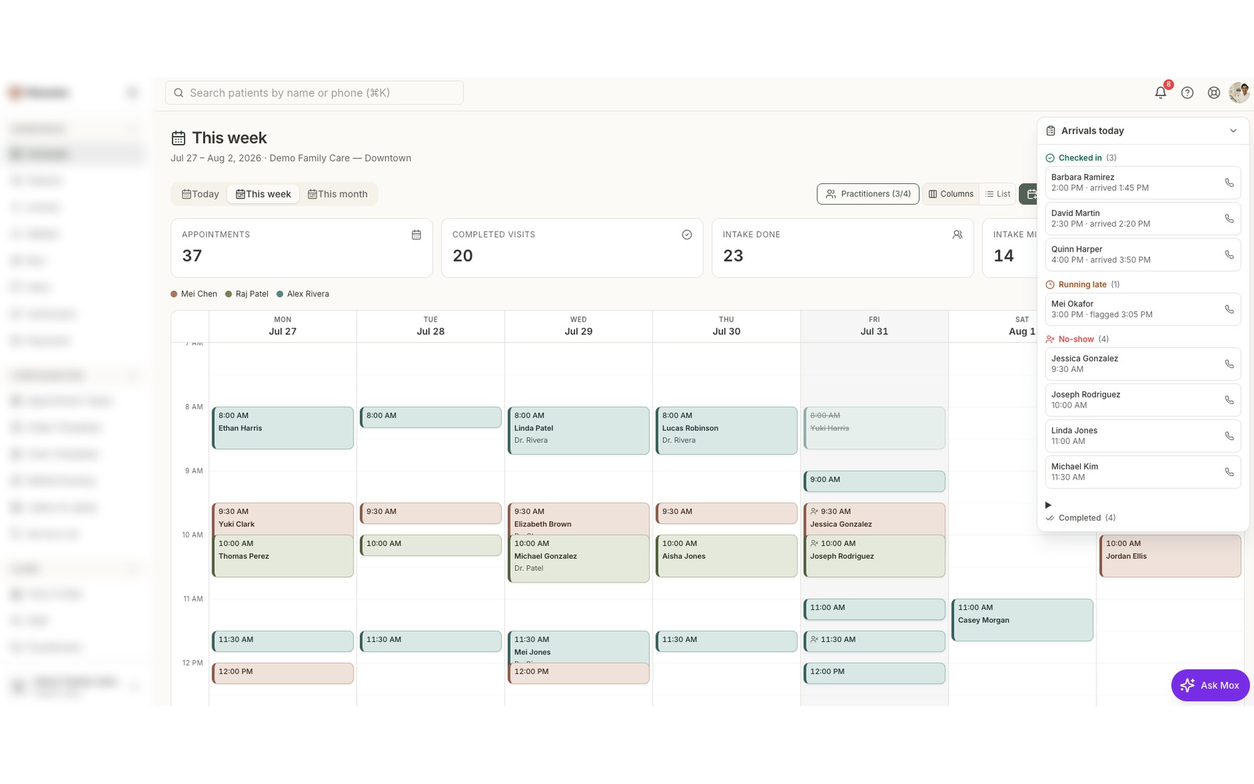 Weekly clinic schedule with per-practitioner columns and visit types