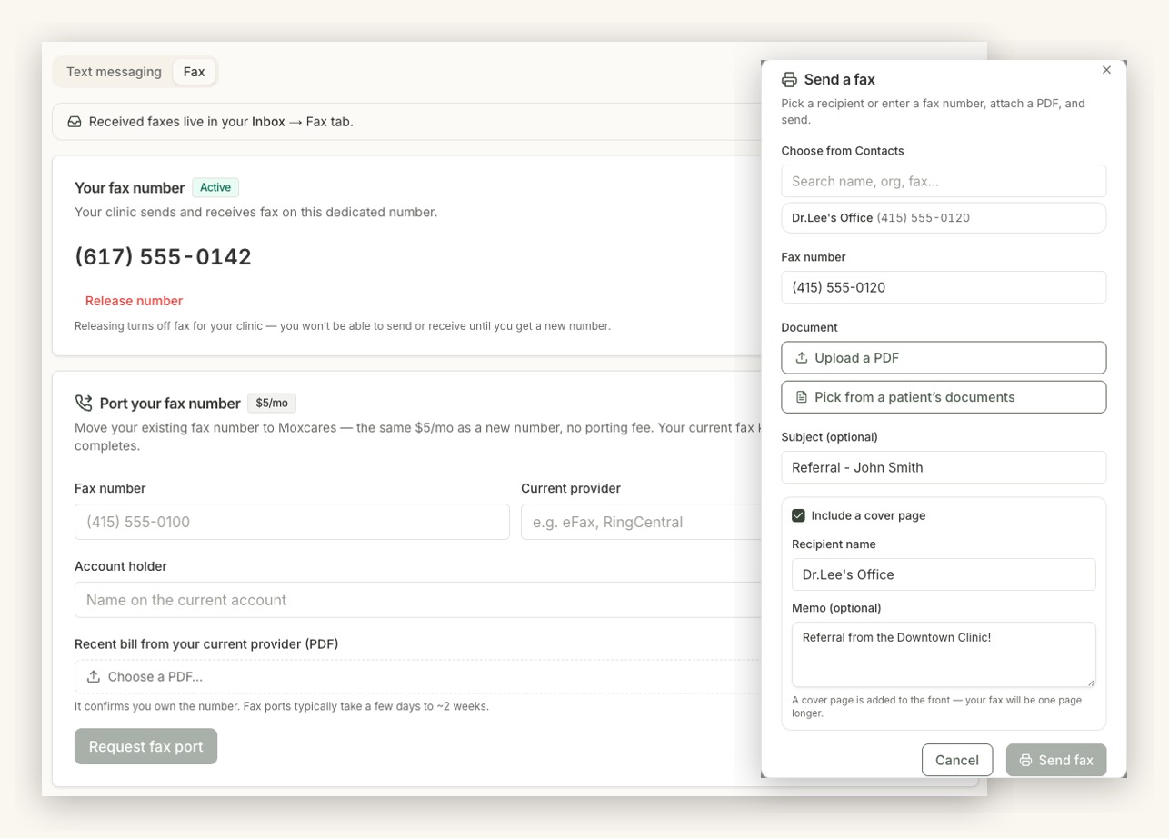 Moxcares fax settings with an active clinic fax number and port request form, next to the Send a fax dialog