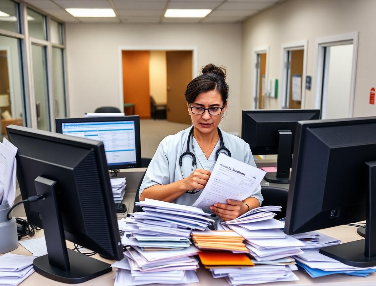 Front-desk staff member buried in insurance paperwork and separate billing systems
