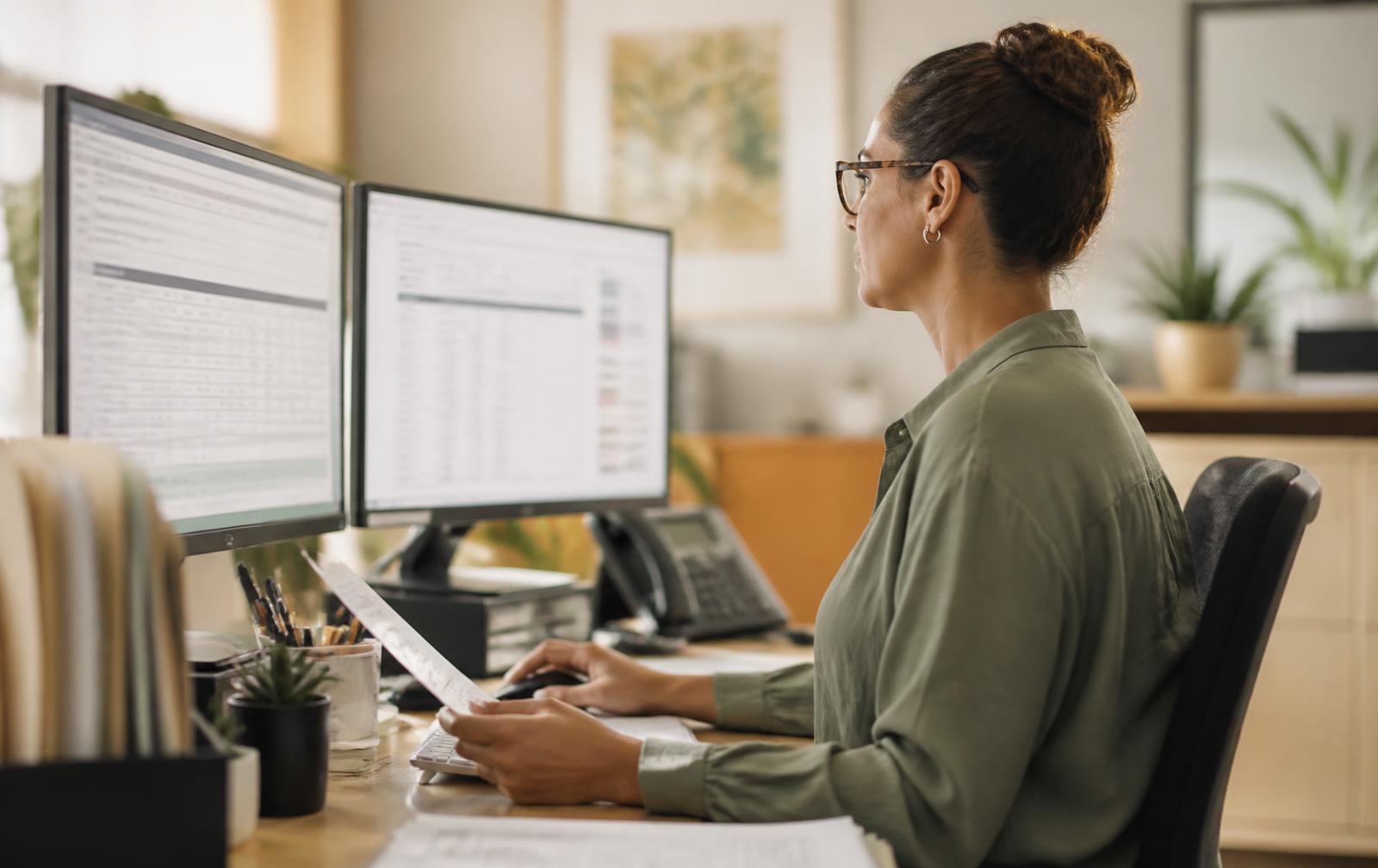A clinic billing specialist reviewing an insurance claim queue on a two-monitor workstation