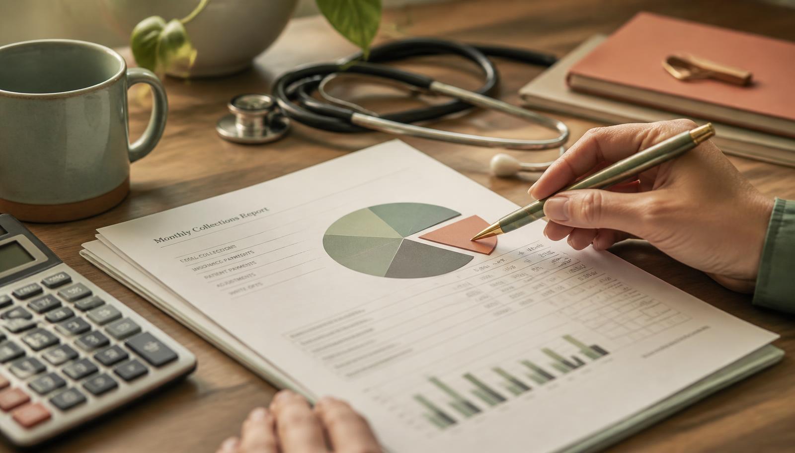 A practice manager reviewing a monthly collections report with a slice of revenue marked off as the billing company's percentage