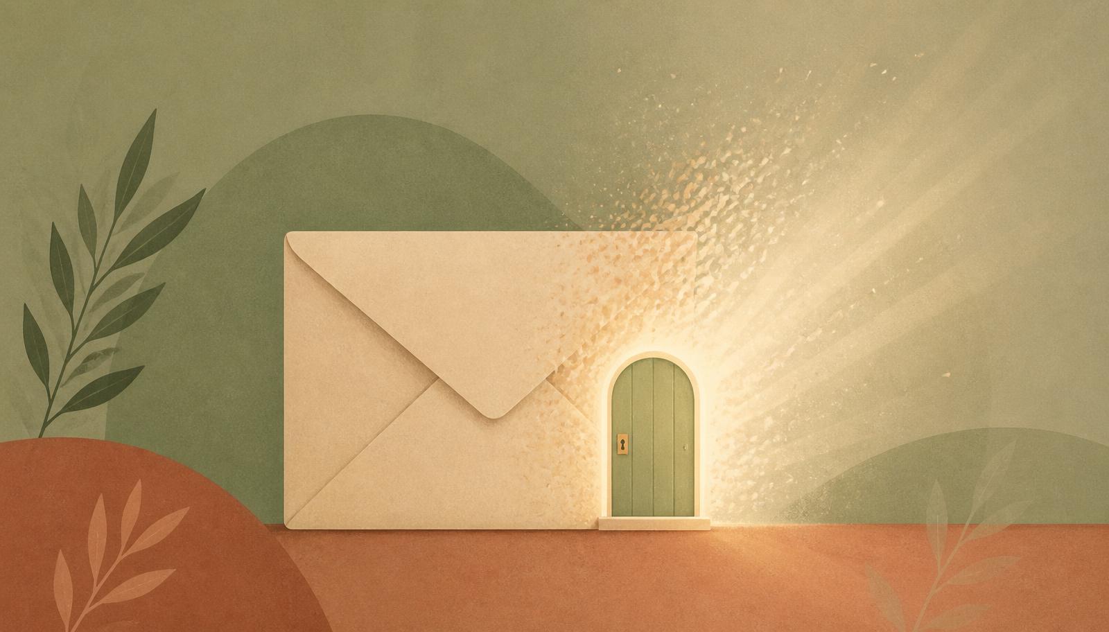 An envelope dissolving into light beside a small locked door