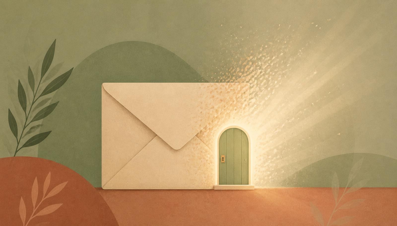 An envelope dissolving into light beside a small locked door