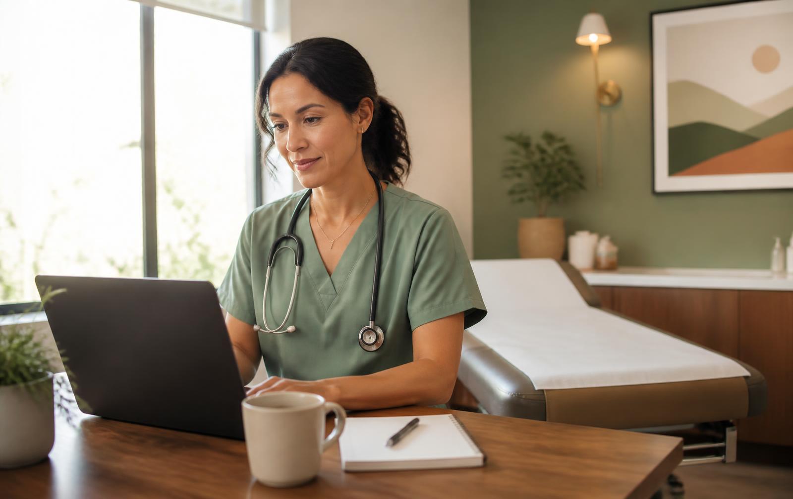 A clinician reviewing a patient chart on a laptop in a bright exam room before the visit