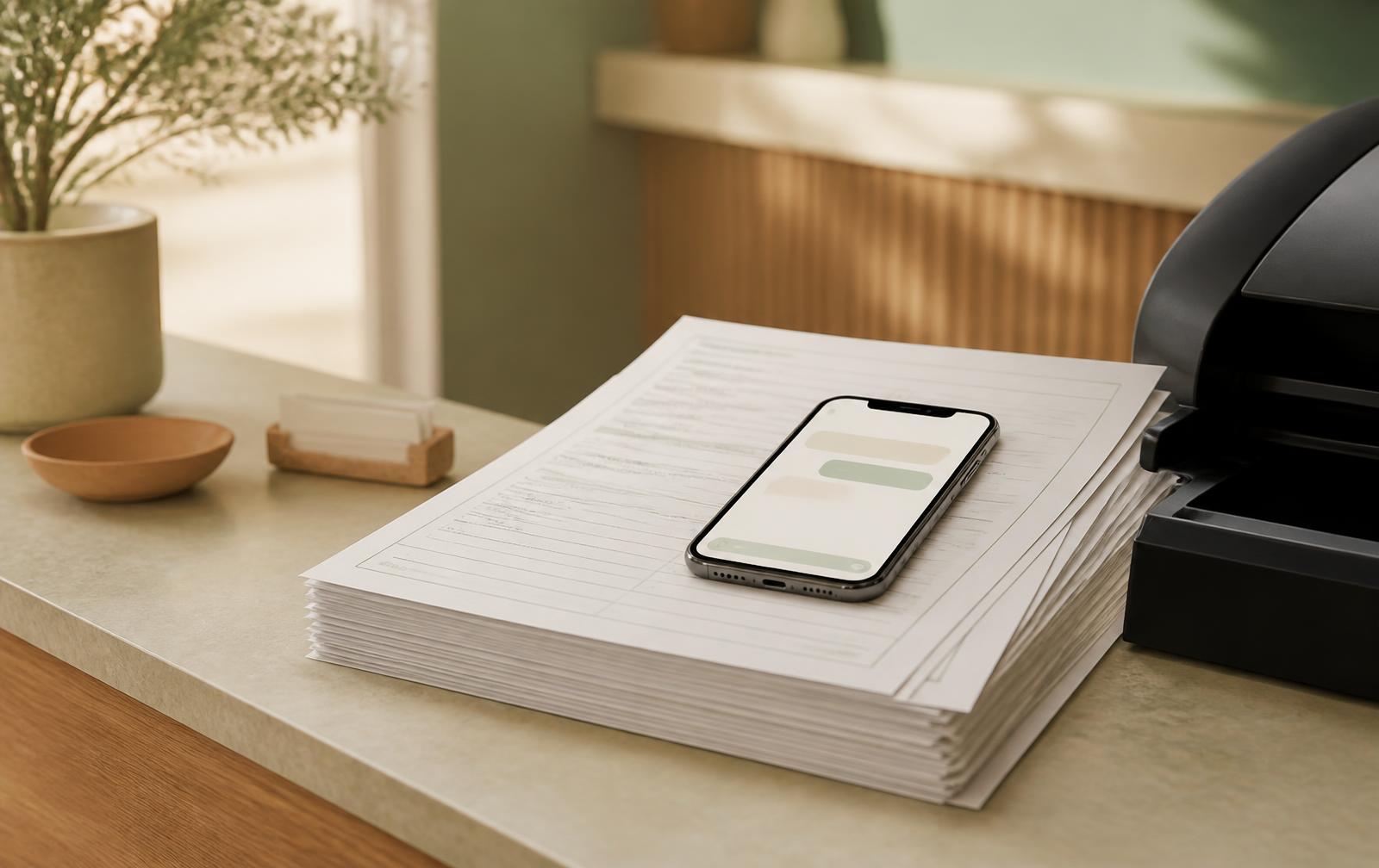 A stack of printed patient intake forms on a clinic front desk with a phone showing a chat-style intake screen resting on top