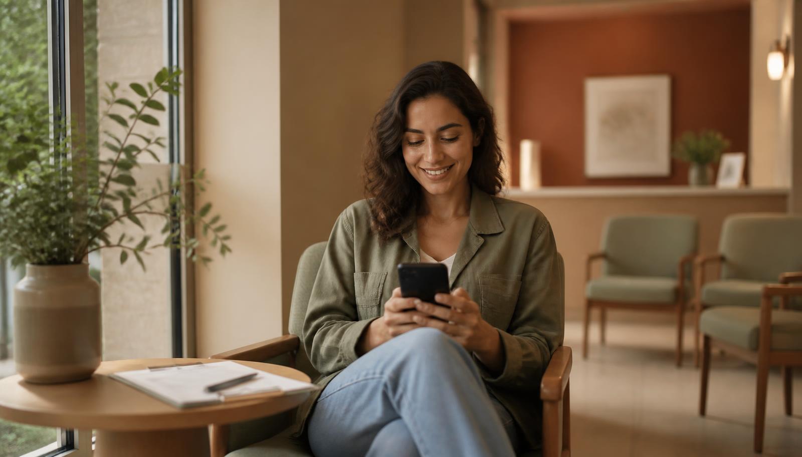 A patient in a warm clinic waiting room completing intake by chat on her phone while a paper intake form sits unused on the table