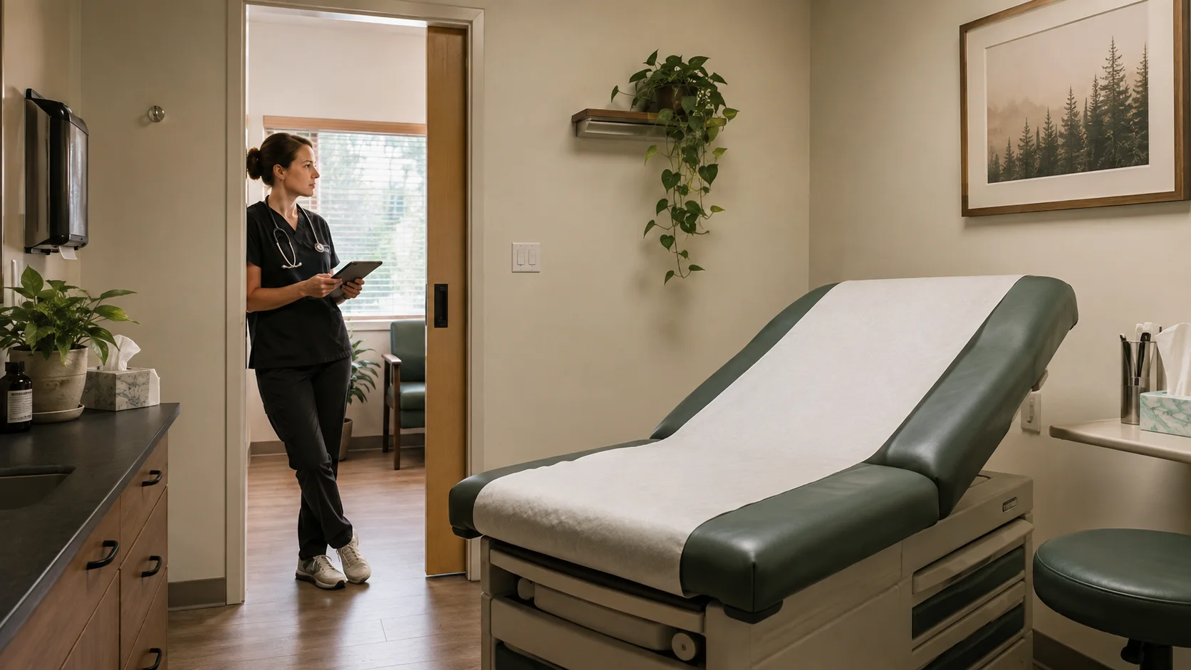 An empty exam room with a clinician waiting at the doorway, illustrating a missed appointment