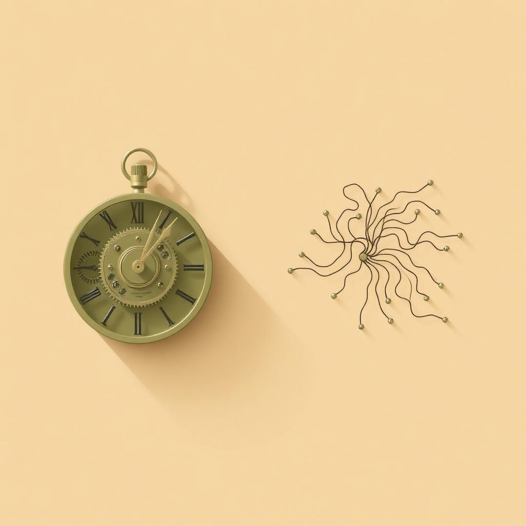 Illustration contrasting a rigid mechanical clock with a flowing neural network