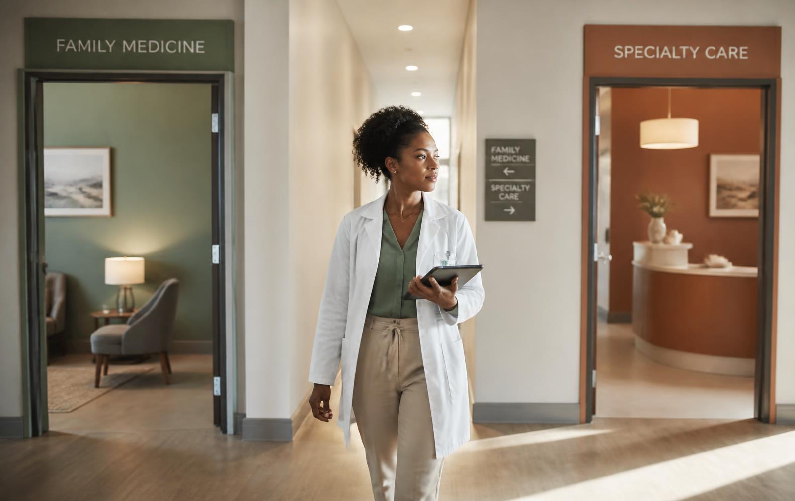 A physician walking between two clinic suites in a multi-location medical group, carrying a tablet