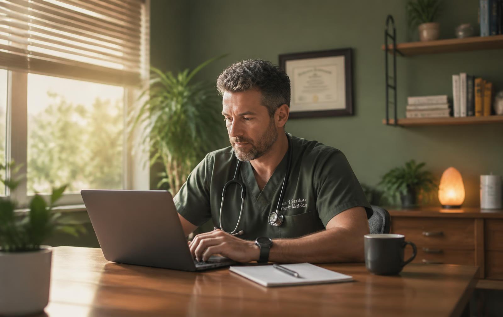 A clinician reviewing and signing a finished clinical note on a laptop in a quiet clinic office