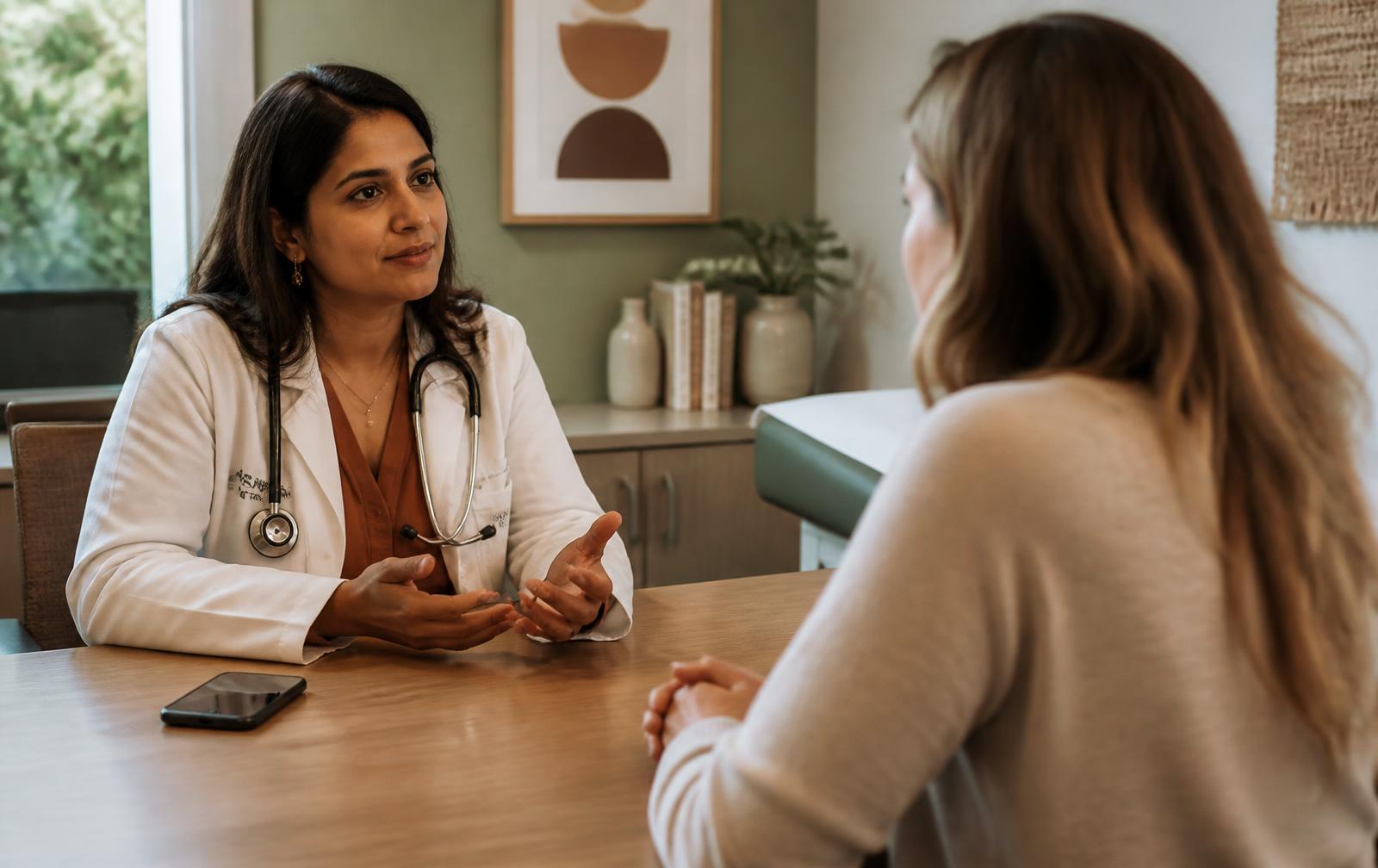 A physician talking face to face with a patient in a bright clinic exam room while a phone quietly captures the visit