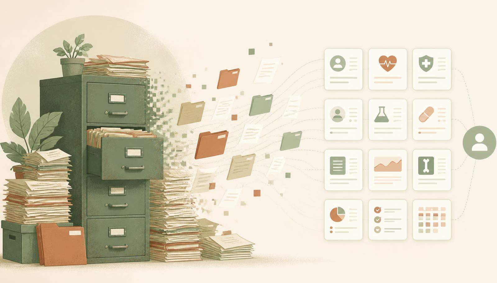 Illustration of paper files flowing out of an old filing cabinet into organized digital patient records