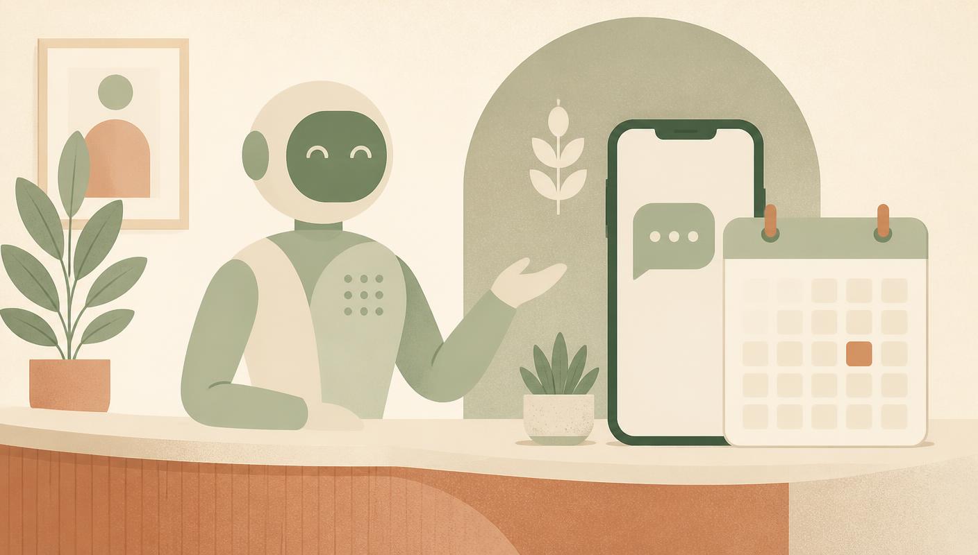 Illustration of an AI staff member at a clinic front desk with a text message and a calendar showing an open slot