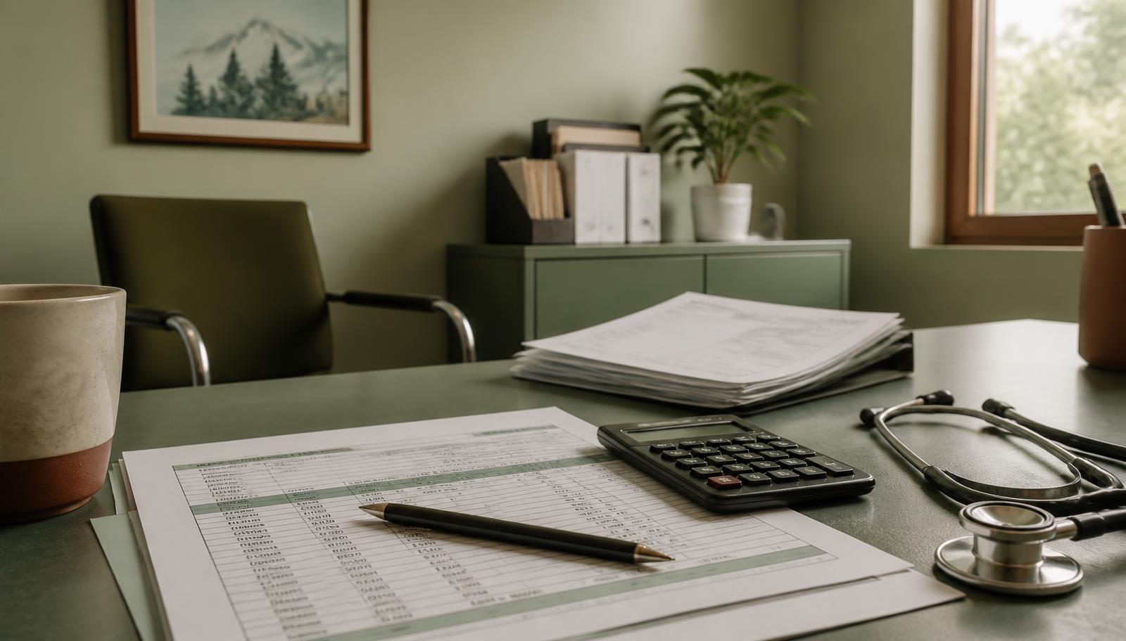 A small clinic back-office desk with a printed cost spreadsheet, invoices, a calculator and a stethoscope in soft natural light