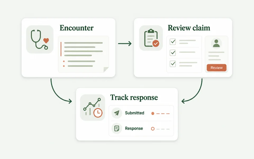 Revenue workflow from the encounter through claim preparation and payment posting