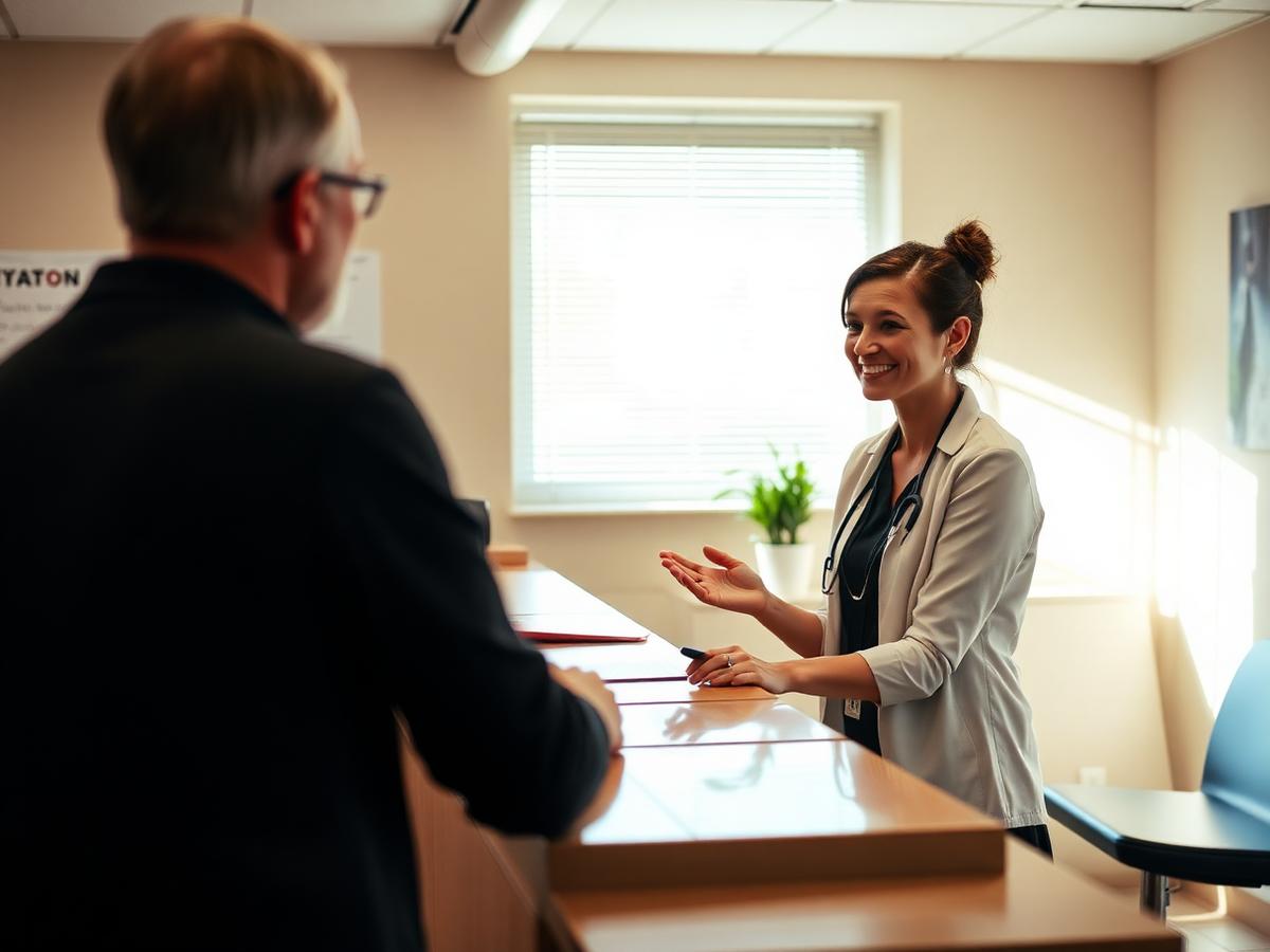 Receptionist greeting a patient at a calm clinic front desk