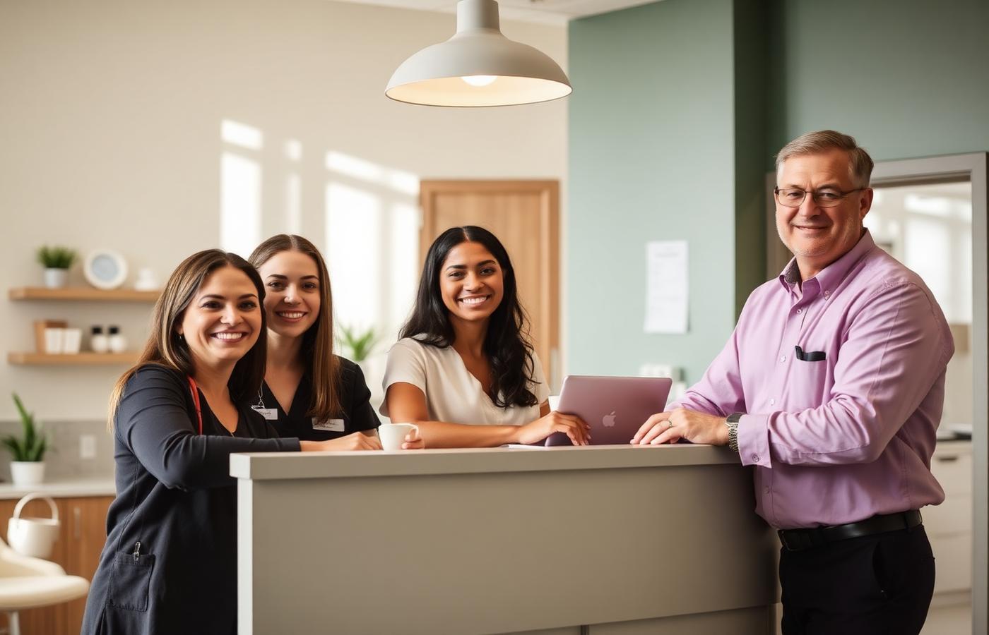 Clinic team smiling together at the front desk