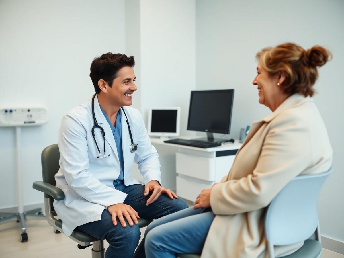 Doctor sitting and talking unhurried with a patient in a bright exam room