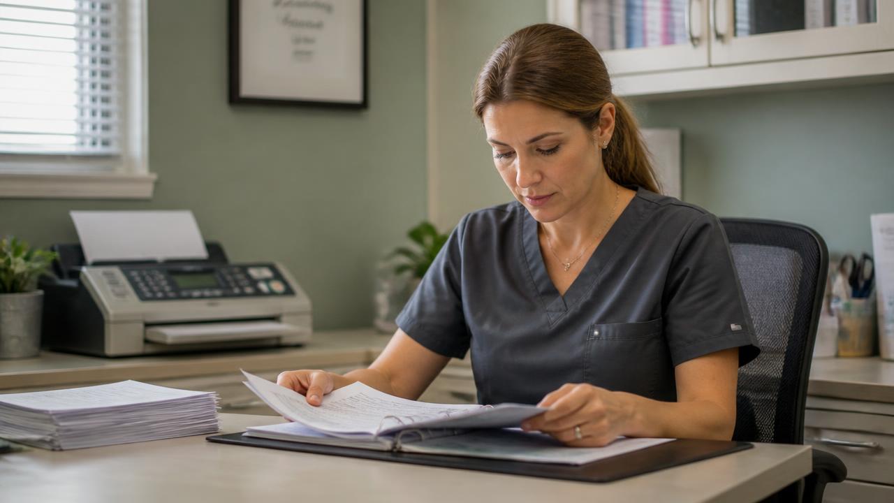 A clinic staff member at a desk with a fax machine and a small stack of paperwork