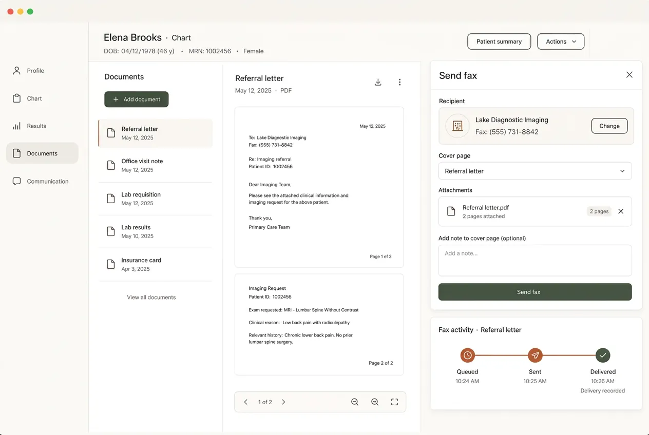 A staff member sends a clinical document from the chart and checks its delivery status