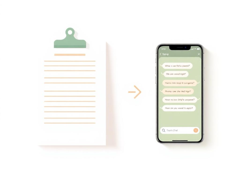 Paper clipboard form transforming into a mobile chat intake