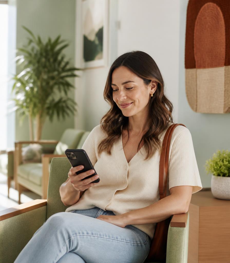A patient reading a text message from her clinic on her phone