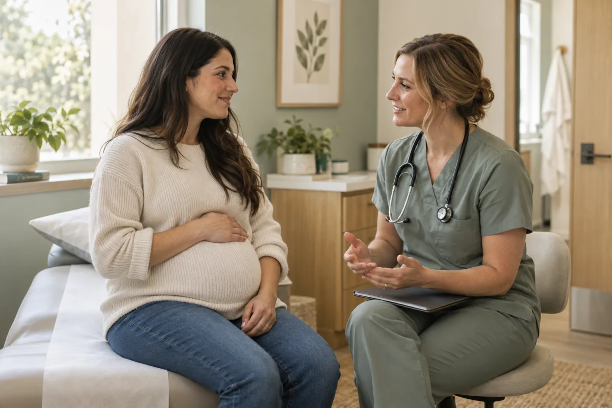 An obstetrician and a fully clothed pregnant patient in a prenatal consultation