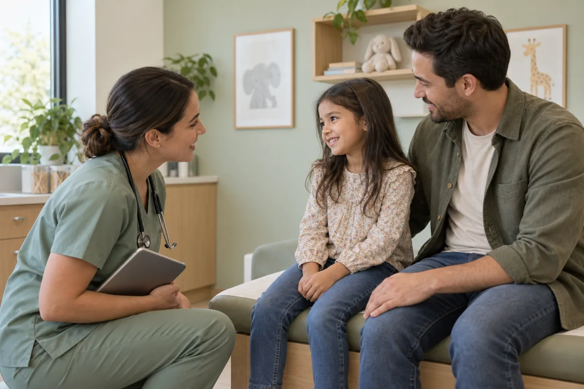 A pediatric clinician talking with a child and her father in a welcoming clinic