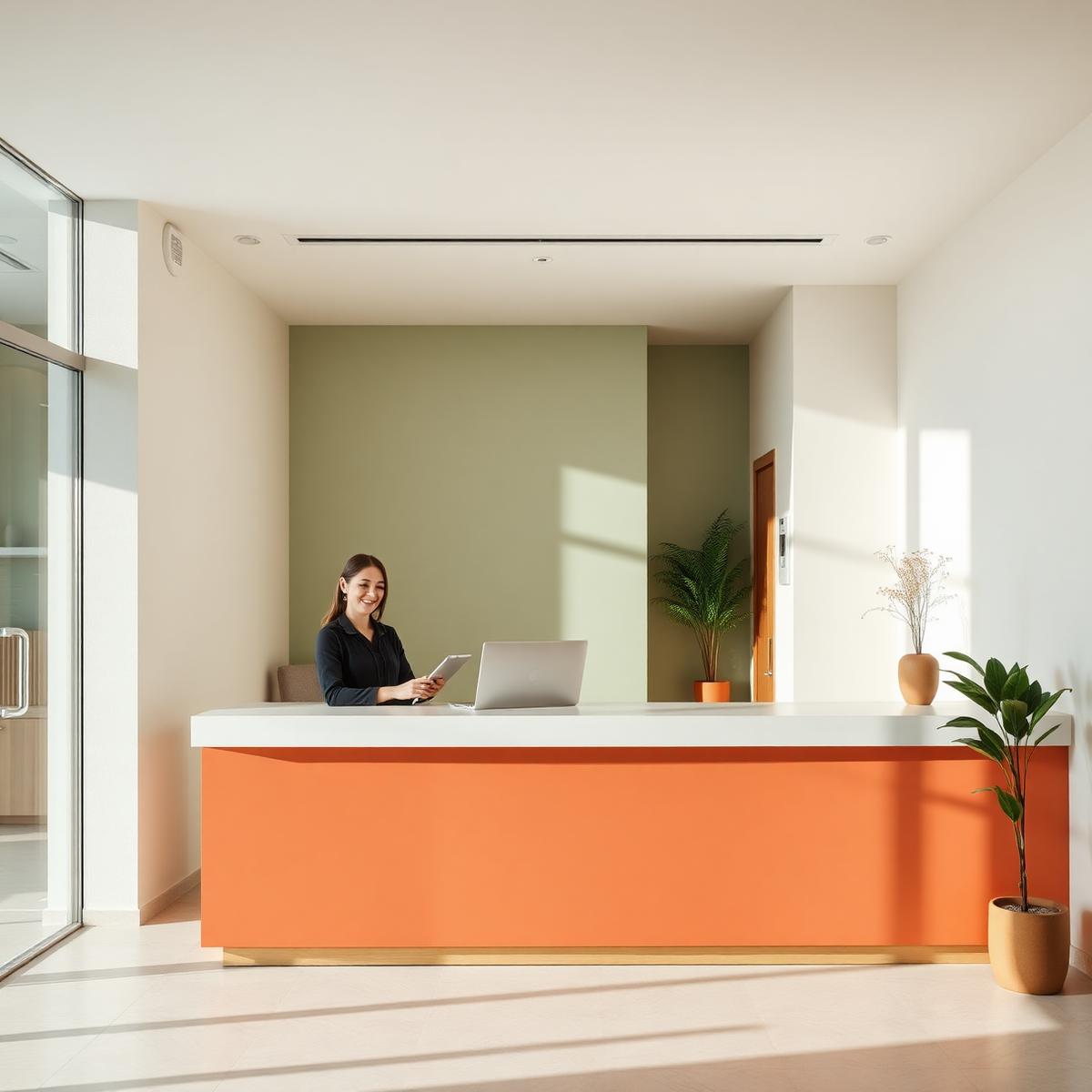 Front-desk staff at a modern clinic using Moxcares on a tablet