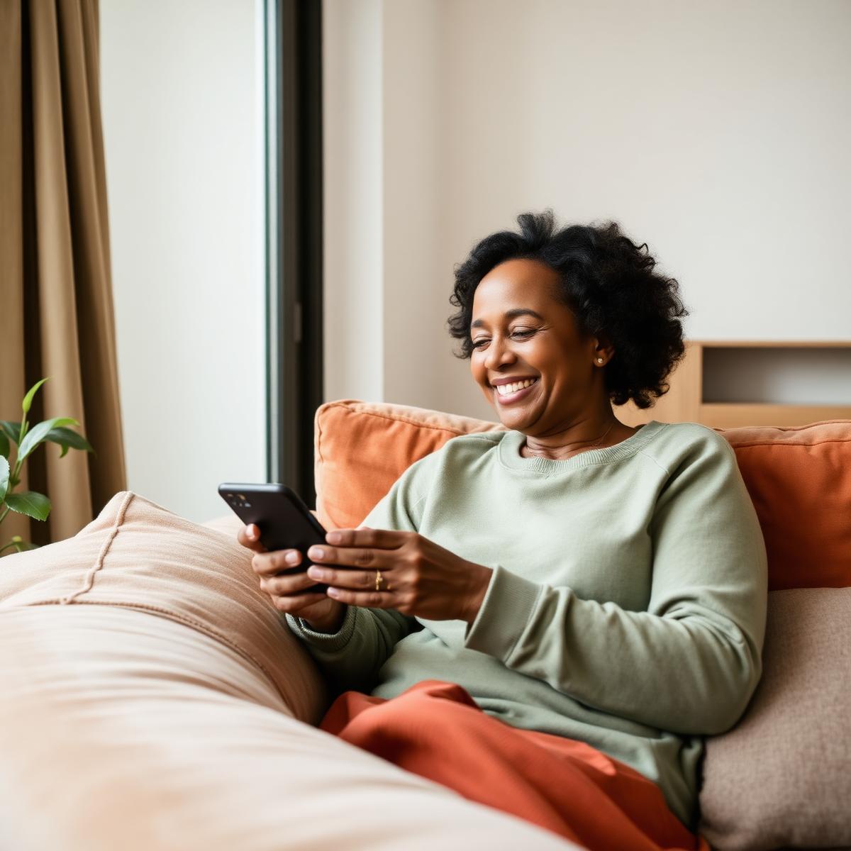 A patient smiling while texting their clinic from a comfortable couch at home