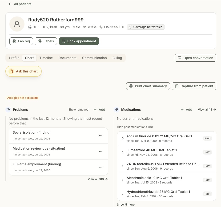 Patient chart showing problems and medications with Ask this chart, where every AI action stays a proposal until a clinician acts