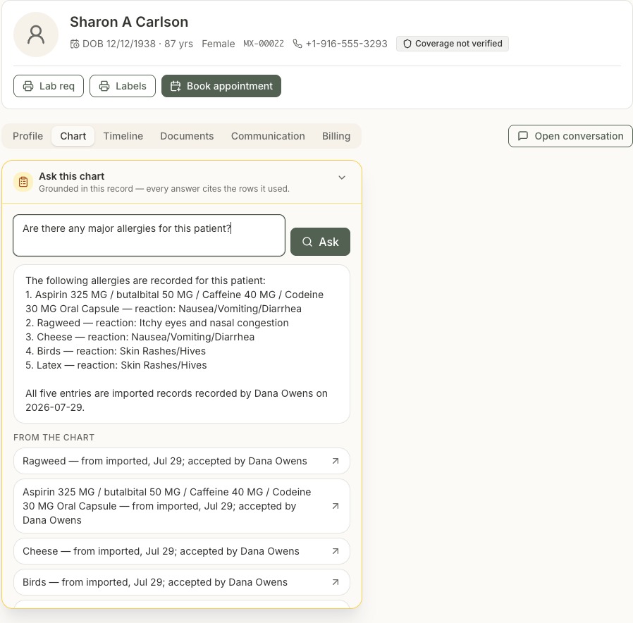 Patient chart with the Ask this chart panel answering an allergy question, with each answer cited to rows from the chart