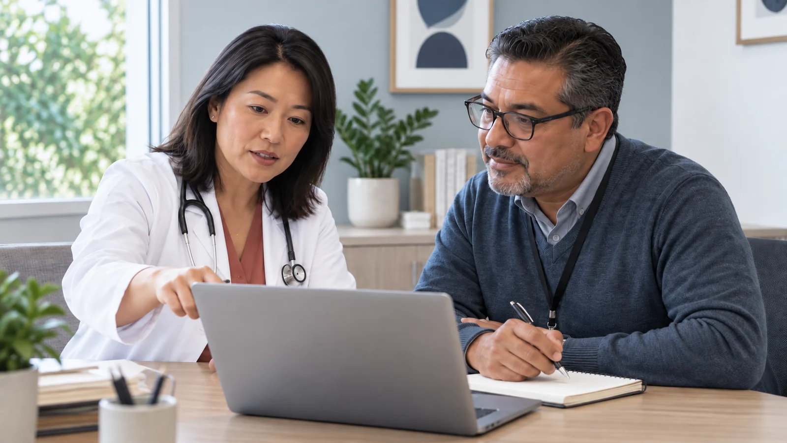 A physician and billing specialist reviewing a clinical note together on a laptop