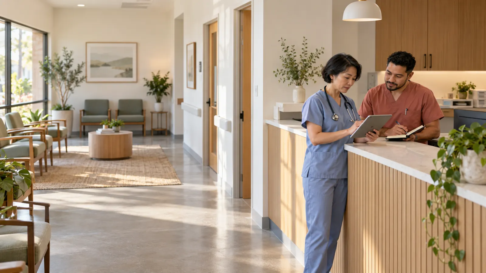 A physician and medical assistant planning the day at a new clinic reception counter