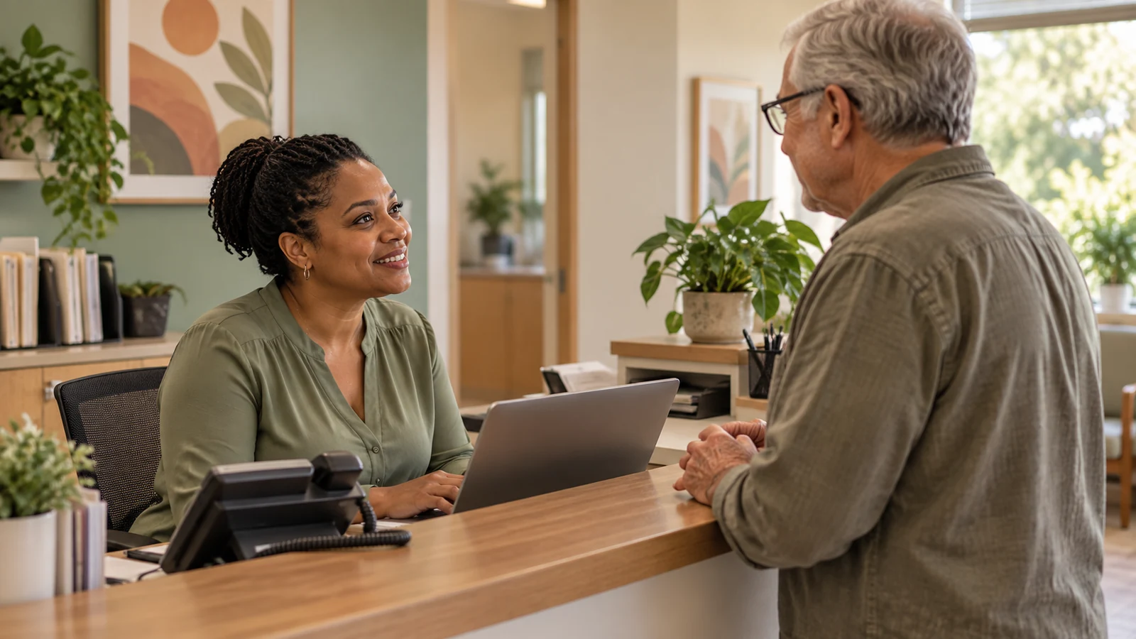 A medical receptionist helping a patient beside a desk phone and laptop in a warm, welcoming clinic