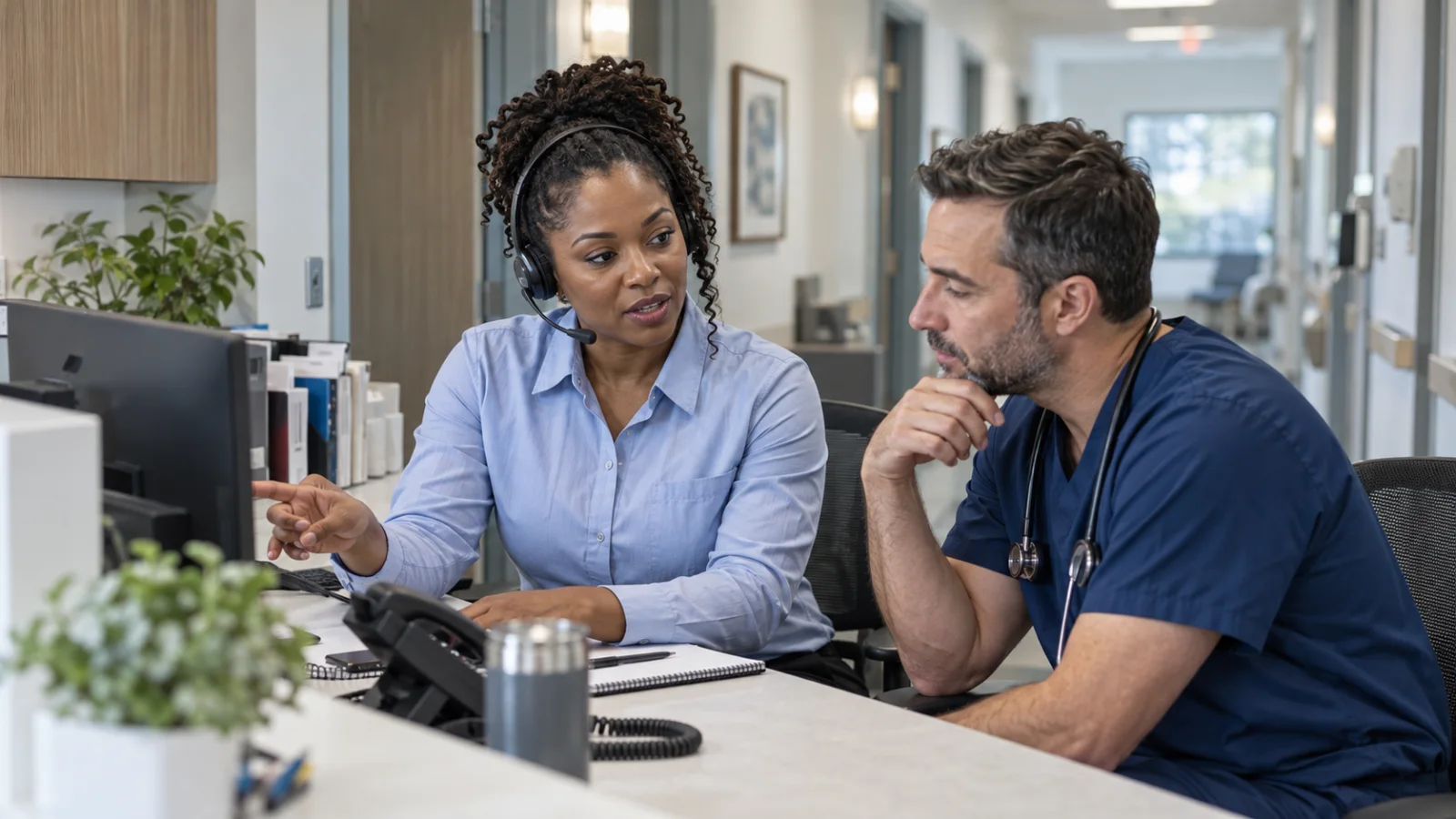 A practice coordinator wearing a headset reviewing a call handoff with a physician