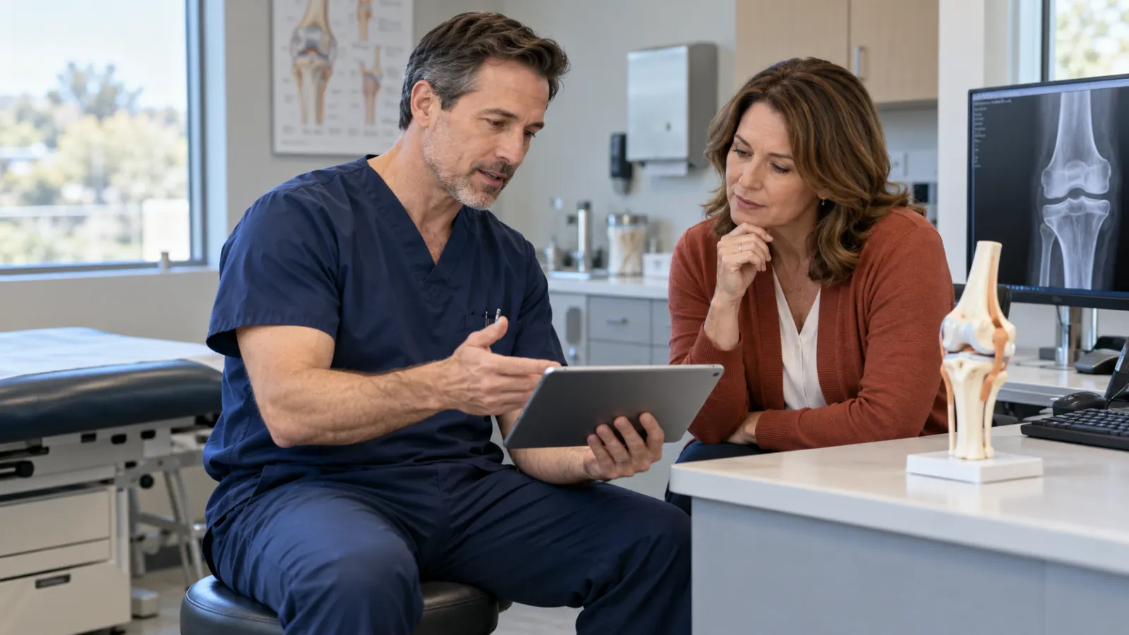 An orthopedic physician and practice manager reviewing a tablet beside a knee model