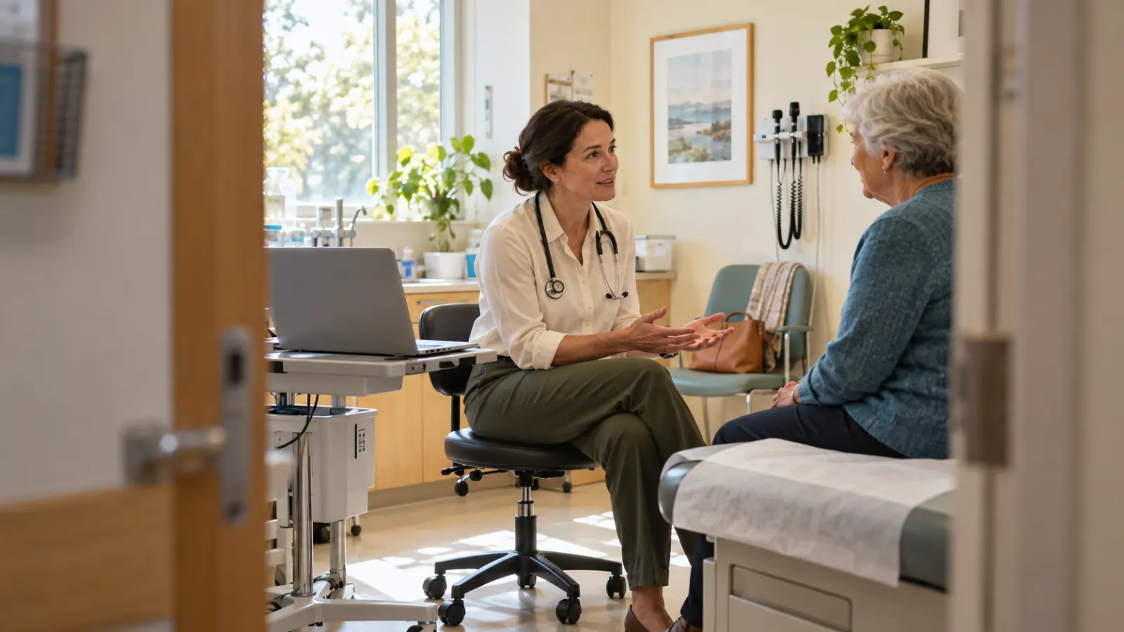 A primary care physician talking with an older patient beside a laptop in an exam room